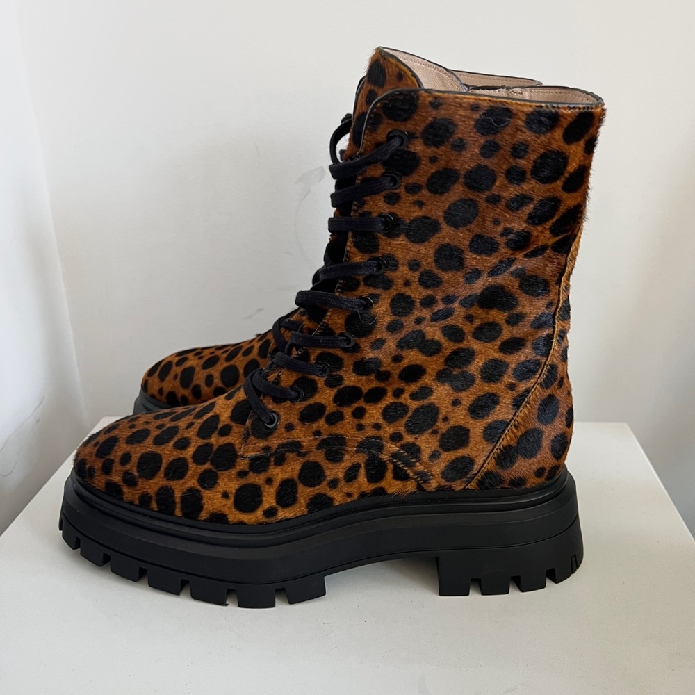 Stuart Weitzman brown black leopard print Bedford calf hair lace up combat boots